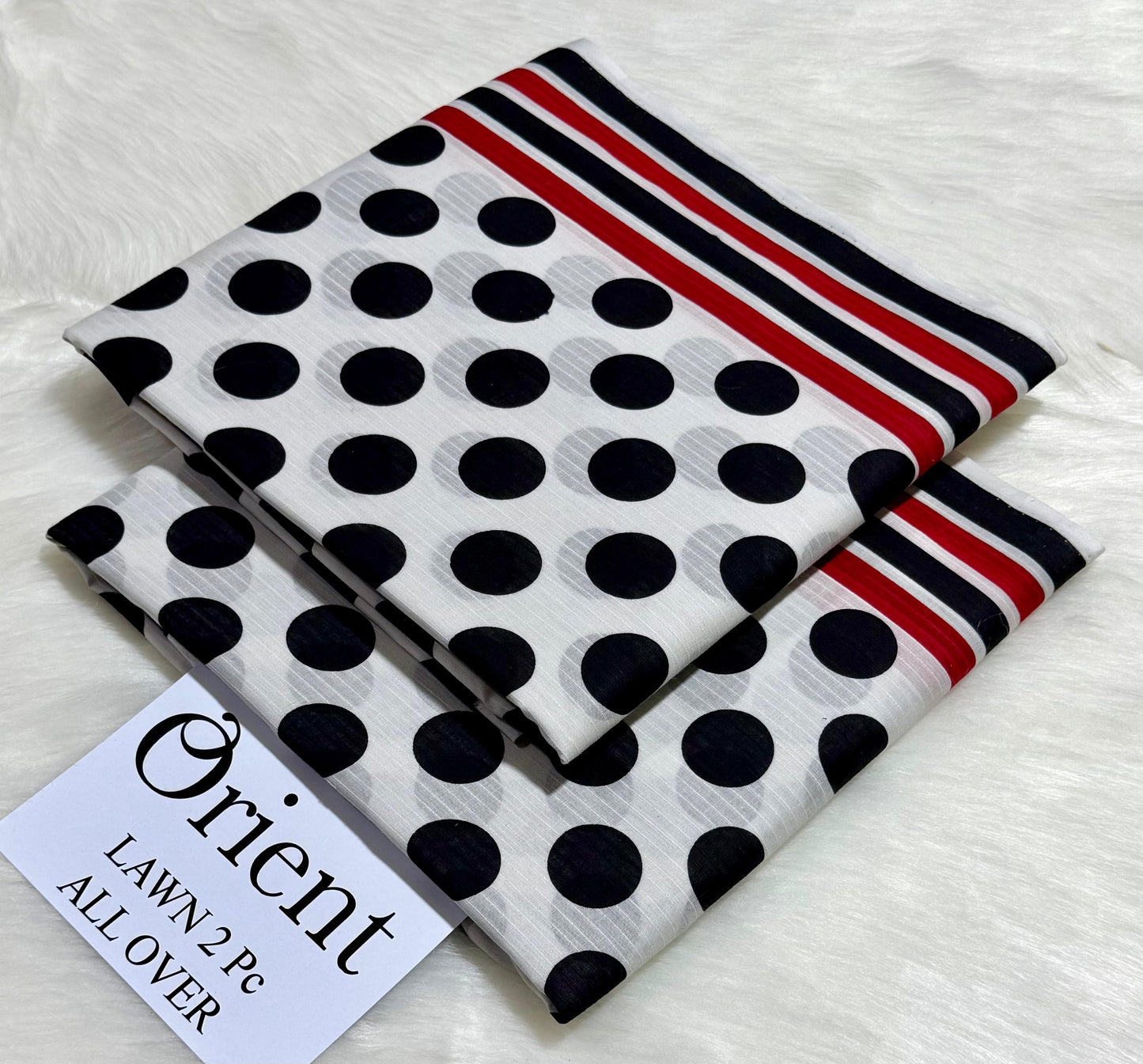 Orient 2-Piece Printed Summer Lawn Suit (Unstitched - White & Black Polka Dot with Red Border)