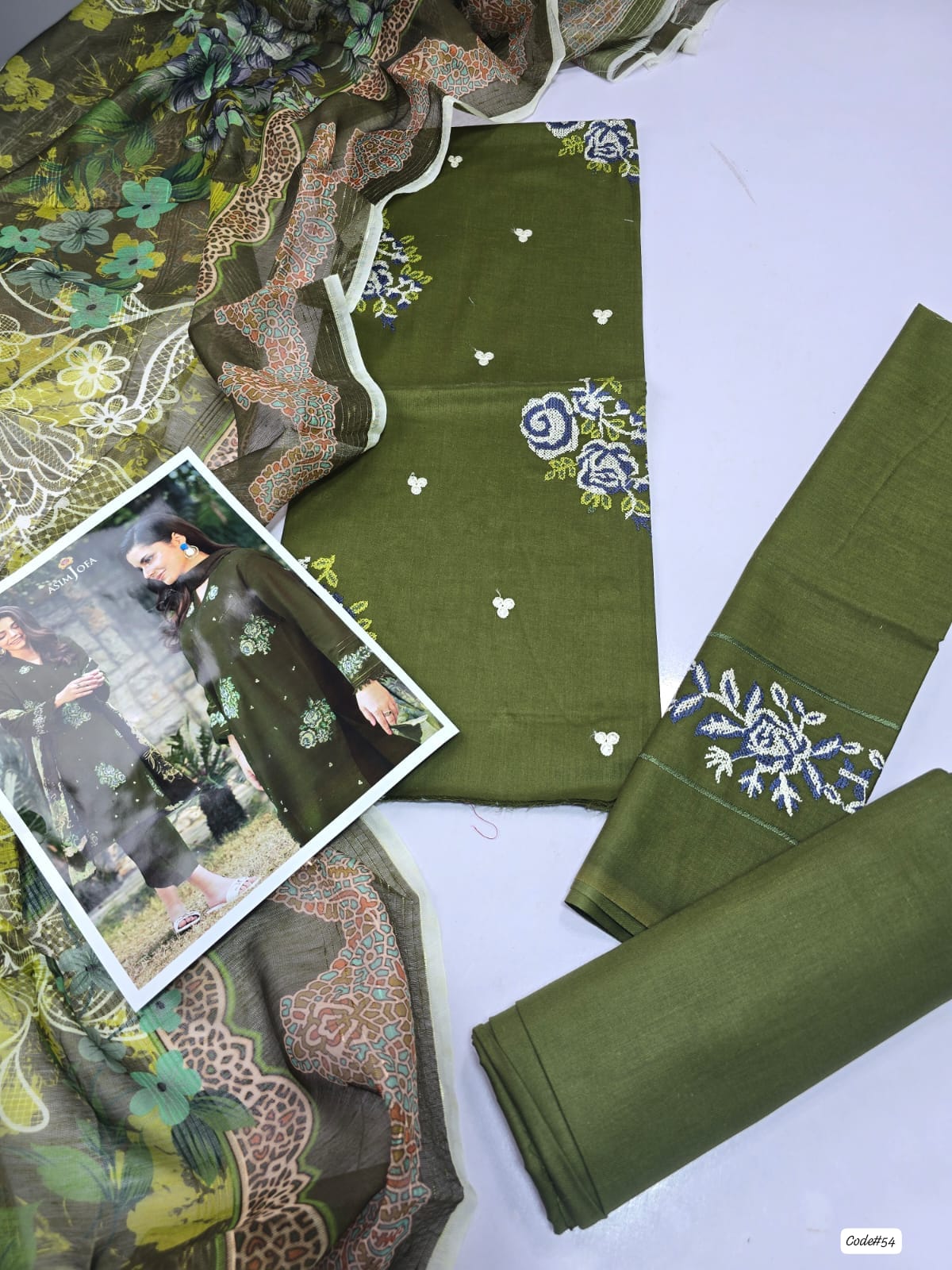Asim Jofa 3-Piece Embroidered Summer Lawn Suit (Unstitched - Olive Green)