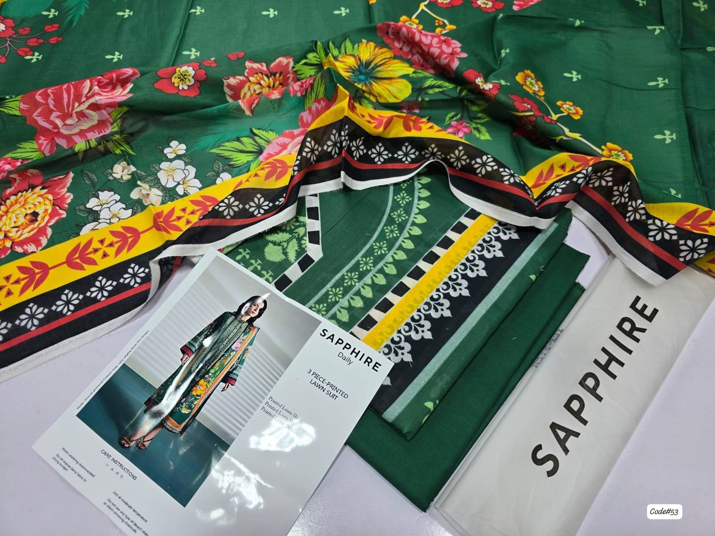 Sapphire 3-Piece Digital Printed Summer Lawn Suit (Unstitched - Emerald Green Floral)