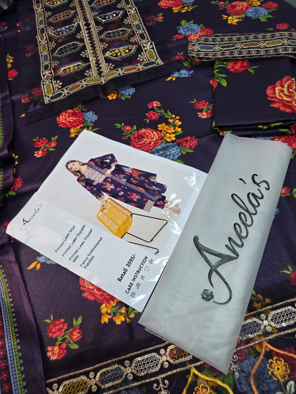 Aneela's 3-Piece Printed Summer Lawn Suit (Unstitched - Navy Blue Floral)