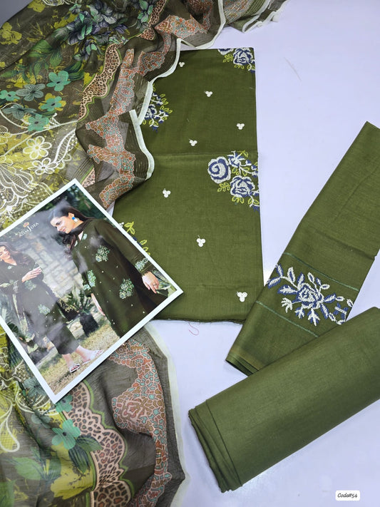 Asim Jofa 3-Piece Embroidered Summer Lawn Suit (Unstitched - Olive Green)