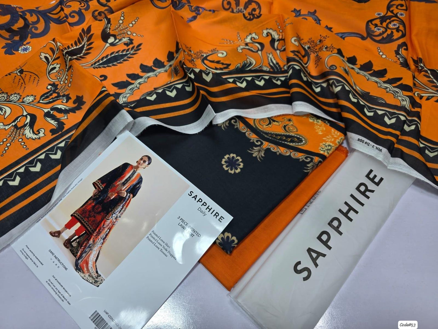 Sapphire 3-Piece Digital Printed Summer Lawn Suit (Unstitched - Vibrant Orange & Black Floral)