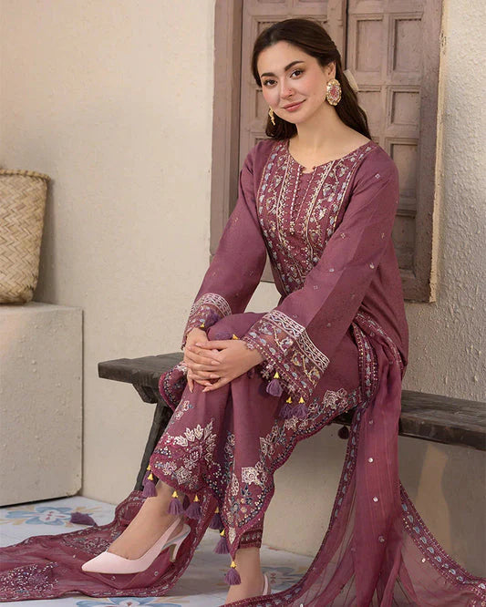 Qalamkar Lawn 3 Piece,Embroidered Shirt With Jaquard Weaved Embroidered Dupatta and Cotton Trousers