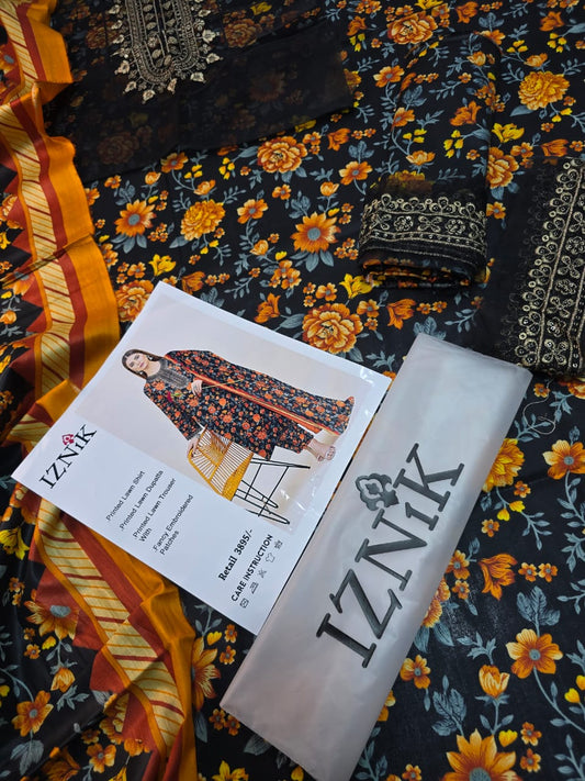 Iznik 3-Piece Embroidered Summer Lawn Suit (Unstitched - Black Floral)