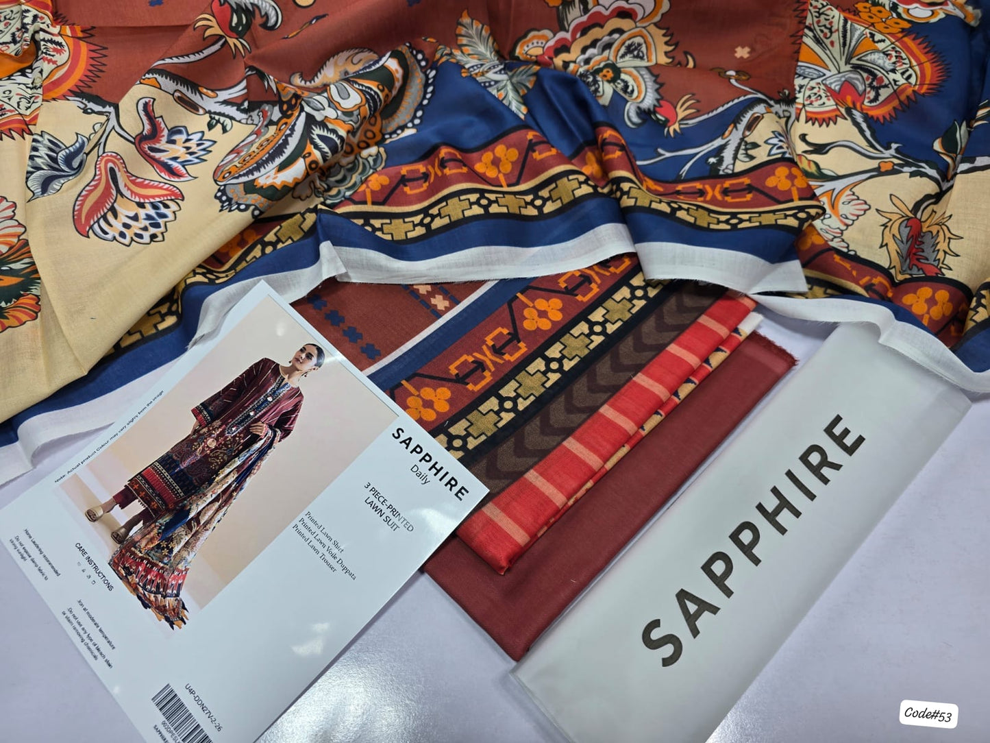 Sapphire 3-Piece Digital Printed Summer Lawn Suit (Unstitched - Navy Blue & Rust Traditional)