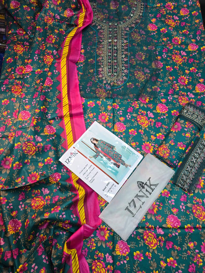 Iznik 3-Piece Embroidered Summer Lawn Suit (Unstitched - Deep Green Floral)