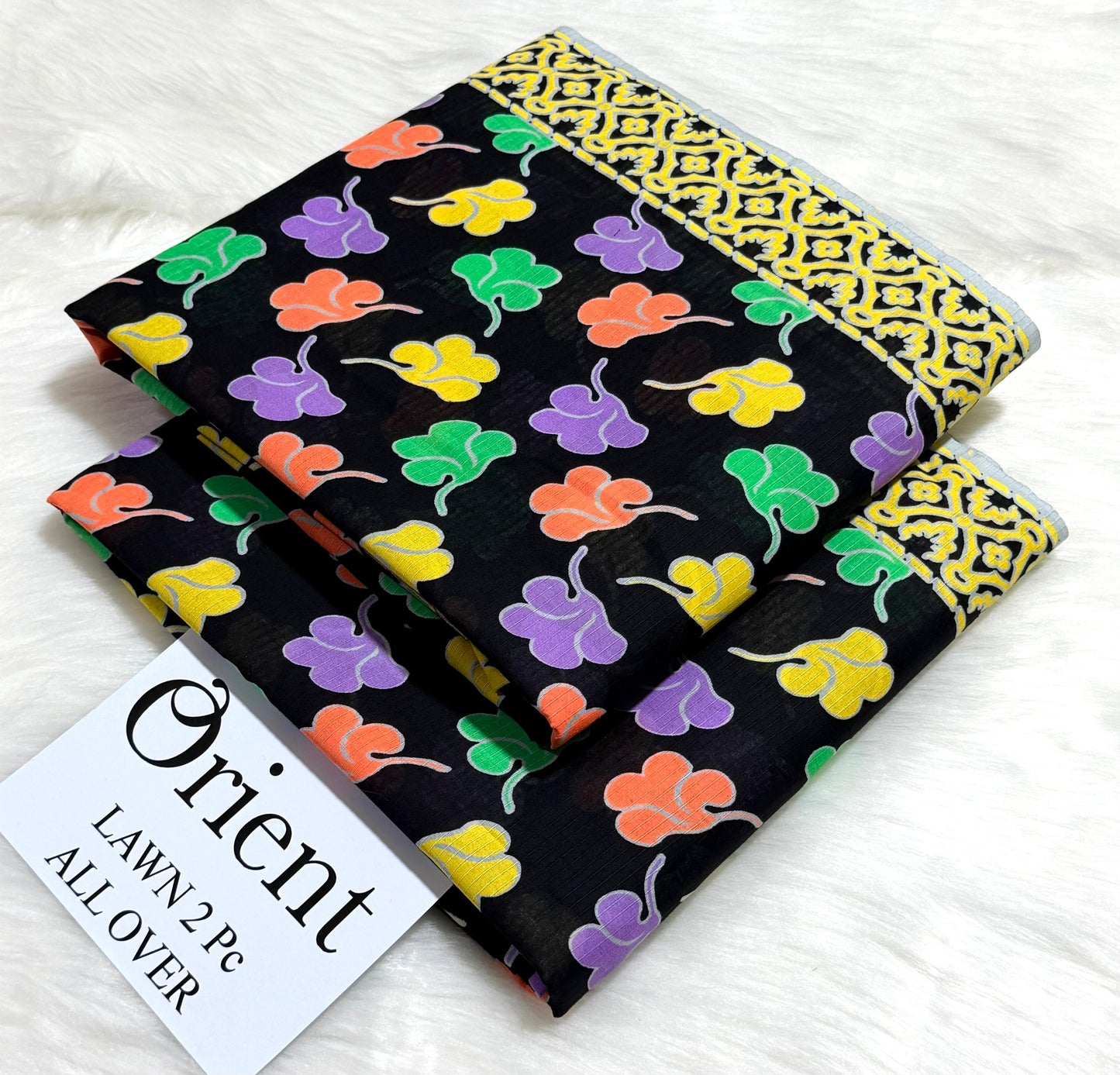 Orient 2-Piece Printed Summer Lawn Suit (Unstitched - Black & Multi-Color Floral with Yellow Border)