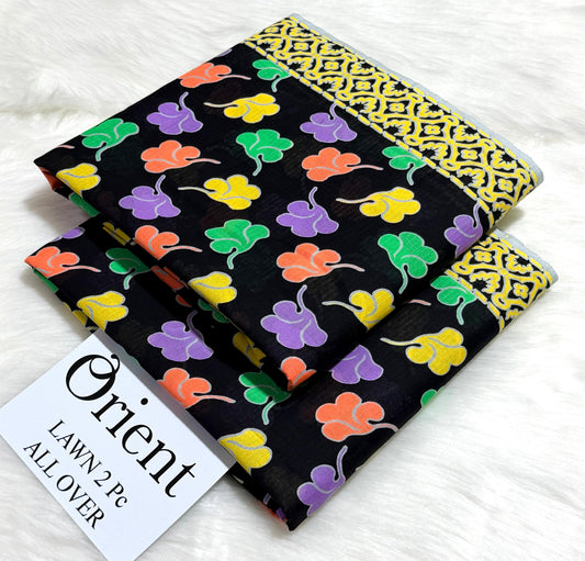 Orient 2-Piece Printed Summer Lawn Suit (Unstitched - Black & Multi-Color Floral with Yellow Border)